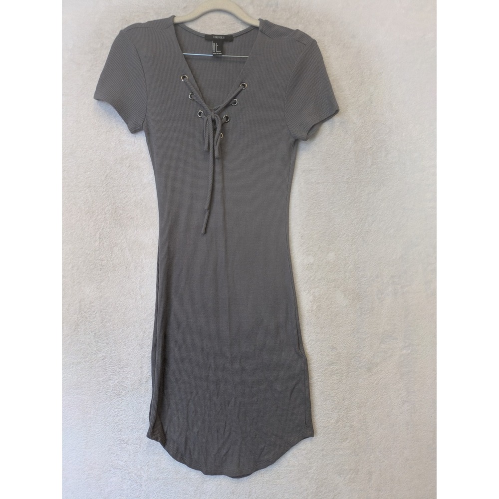Forever 21 Lace Up Dress Womens Small Gray Waffle Knit Short Sleeve Mini Bodycon